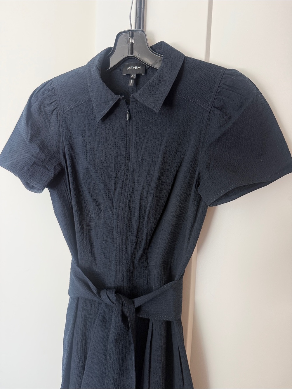 ME+EM Fit + Flare Midi Cotton Seersucker Dress Navy Blue Color size US 2 - Picture 4 of 9
